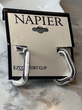Napier Shiny Silver Textured Clip Hoop Earrings